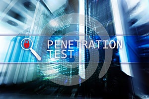 Penetration test. Cybersecurity and data protection. Hacker attack prevention. Futuristic Â server room on background